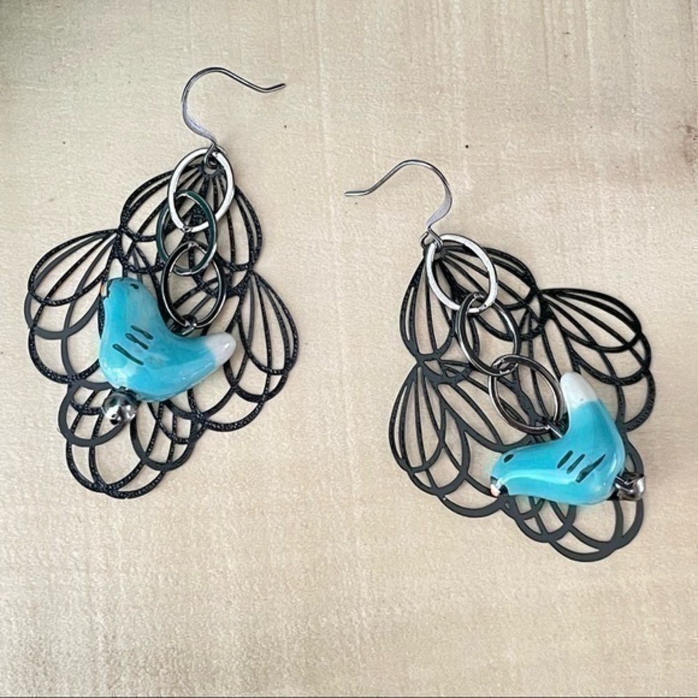 2/$29 Handmade Bird Statement Dangle Earrings Filigree 2.5” Mixed Metal